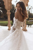 Side-back detail of Enzoani Vanessa gown with detachable sleeves and lace illusion bodice.