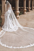 Side view of Enzoani Venice gown with dramatic detachable overskirt.