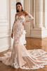 Front view of ÉLYSÉE Fairy wedding gown showcasing sweetheart neckline and detachable lace sleeves
