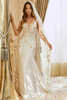 Front view of Morilee Raquel fit-and-flare gown with floral embroidered bodice.