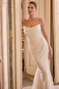 Justin Alexander Lissy fit and flare wedding gown front view highlighting soft draping and clean lace bodice.