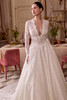 Justin Alexander Lady wedding dress front view featuring plunging neckline and romantic allover lace.
