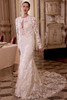 Justin Alexander Liza wedding gown front view with sculpted fit and flare silhouette and shimmering lace.
