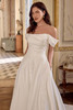 Justin Alexander Larissa A-line wedding dress front view showcasing clean satin skirt and elegant scoop neckline.