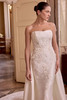 Justin Alexander Leigh wedding dress front view showcasing sweetheart neckline and three-dimensional floral appliqués.