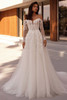 Demetrios Style 1508 A-line wedding dress with off-the-shoulder neckline, beaded lace bodice, and sparkling tulle skirt.