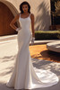 Demetrios Style 1519 fit-and-flare wedding dress with pearl-detailed straps, scoop neckline, and smooth Mikado fabric.