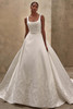 Demetrios Style 1528 ball gown wedding dress with square neckline, floral lace bodice, and full Mikado skirt.