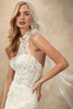 Demetrios Style 1535 wedding dress front detail showcasing sculpted halter neckline and intricate beaded lace.