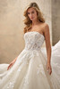 Demetrios Style 1542 wedding dress close-up showing straight strapless neckline and dimensional floral lace detail.