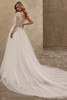 Demetrios 1551 A-line gown featuring sheer beaded back and flowing chapel train, back view