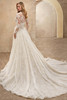 Demetrios Style 1554 A-line wedding dress with long lace sleeves, plunging V-neckline, and sparkling tulle skirt.