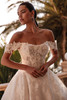 Demetrios Style 8247 wedding dress close-up highlighting off-the-shoulder lace neckline and embroidered details.