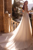 Back view of Demetrios Style 8272 with low open back, lace appliqués, and flowing tulle train