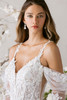 Morilee Arabesque bodice detail with botanical lace appliqués and plunging neckline