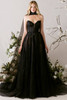 Morilee Tendu gown black version front view with strapless neckline and A-line silhouette