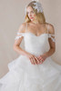 Morilee Violetta bodice detail with draped fabric and lace neckline