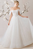 Morilee Noemi front view with off-the-shoulder sleeves and lace bodice