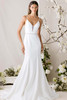 Morilee 1010055 ivory crepe fit and flare wedding dress with plunging V-neckline and beaded waistband.
