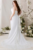 Morilee Mariposa plus size sheath gown back view with lace train and button detail