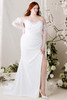 Morilee Mariposa plus size sheath gown front view with scoop neckline and satin fabric