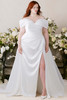 Morilee Canna plus size fit and flare gown front view with off shoulder neckline and satin