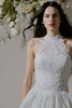Morilee Cara bodice detail with halter neckline and lace texture