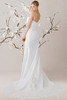 Morilee Isola sheath gown back view with lace cutaway train and button detail