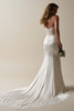 Maggie Sottero Persephone wedding gown back view satin sheath lace train