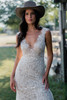 Watters Pilar lace sheath gown with plunging neckline and sweep train detail