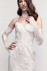 Watters Locket Protea wedding gown close-up with dimensional floral lace and sweetheart neckline