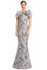 Front view of Alexander by Daymor 3205 taupe multi brocade mother of the bride dress with rosette shoulder