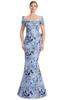 Front view of Alexander by Daymor 3206 ice blue multi brocade mother of the bride dress with off-the-shoulder wrap