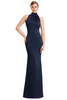 Front view of Alexander by Daymor 3225 navy stretch satin mother of the bride dress with ruched detailing