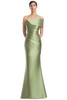 Front view of Alexander by Daymor 3232 olive satin twill mother of the bride dress with asymmetrical neckline
