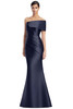 Front view of Alexander by Daymor 3232 navy satin twill mother of the bride dress with asymmetrical draping