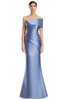 Front view of Alexander by Daymor 3232 delphi blue satin twill mother of the bride dress with off-shoulder neckline