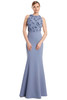 Front view of Alexander by Daymor 3235 delphi blue mother of the bride dress with floral applique neckline