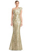 Front view of Alexander by Daymor 3236 sage and gold floral brocade mother of the bride dress with asymmetrical neckline