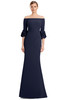 Front view of Alexander by Daymor 3251 navy crepe mother of the bride dress with 3D floral cuffs