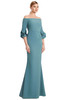 Front view of Alexander by Daymor 3251 sage crepe mother of the bride dress with elegant long sleeves