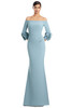 Front view of Alexander by Daymor 3251 glacier blue crepe mother of the bride dress with floral sleeve detail