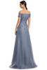 Back view of Alexander by Daymor 3253 slate organza mother of the bride dress with off-the-shoulder neckline