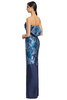 Back side view of Alexander by Daymor 3262 navy blue multi floral brocade mother of the bride gown with bow detail
