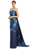 Side view of Alexander by Daymor 3262 navy blue multi floral brocade mother of the bride gown with draped bustier