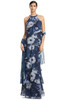 Front view of Alexander by Daymor 3268 navy multi floral chiffon mother of the bride gown with halter neckline