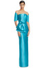 Front view of Alexander by Daymor 3271 turquoise satin twill mother of the bride gown with peplum bow detail