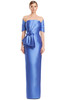 Front view of Alexander by Daymor 3271 periwinkle satin twill mother of the bride gown with off-the-shoulder wrap