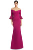 Front view of Alexander by Daymor 3273 magenta crepe mother of the bride gown with off-the-shoulder neckline