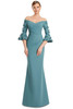 Front view of Alexander by Daymor 3273 sage crepe mother of the bride gown with floral bell sleeves